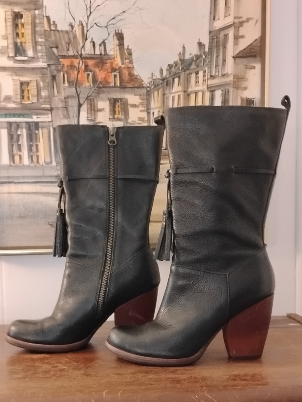 Gorgeous KORK-EASE Black Leather Mid-Calf Tassel Boots